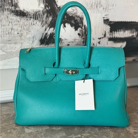 MadBag BIRKIMAD 40 Structured Italian Leather Tote – Teal NWT - Picture 2 of 14